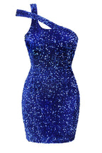 Front view of a blue sequined one-shoulder mini dress.
