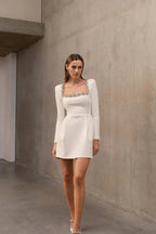 White embellished square neck long sleeve crepe mini dress - View 7 | WEUXS