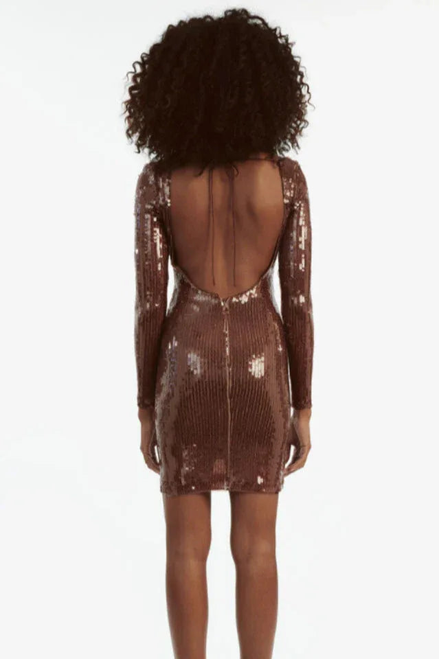 Back view of a brown sequined long sleeve dress with an open back and tie detail.