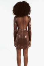 Back view of a brown sequined long sleeve dress with an open back and tie detail.