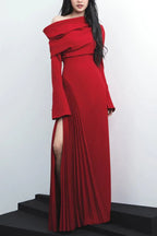Red off-the-shoulder dress with pleated skirt and high slit