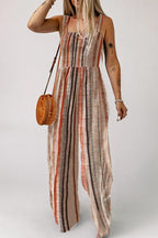 Front view of a woman in a striped jumpsuit with pockets