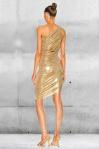 Rear view of a metallic gold one-shoulder ruched mini dress on a model