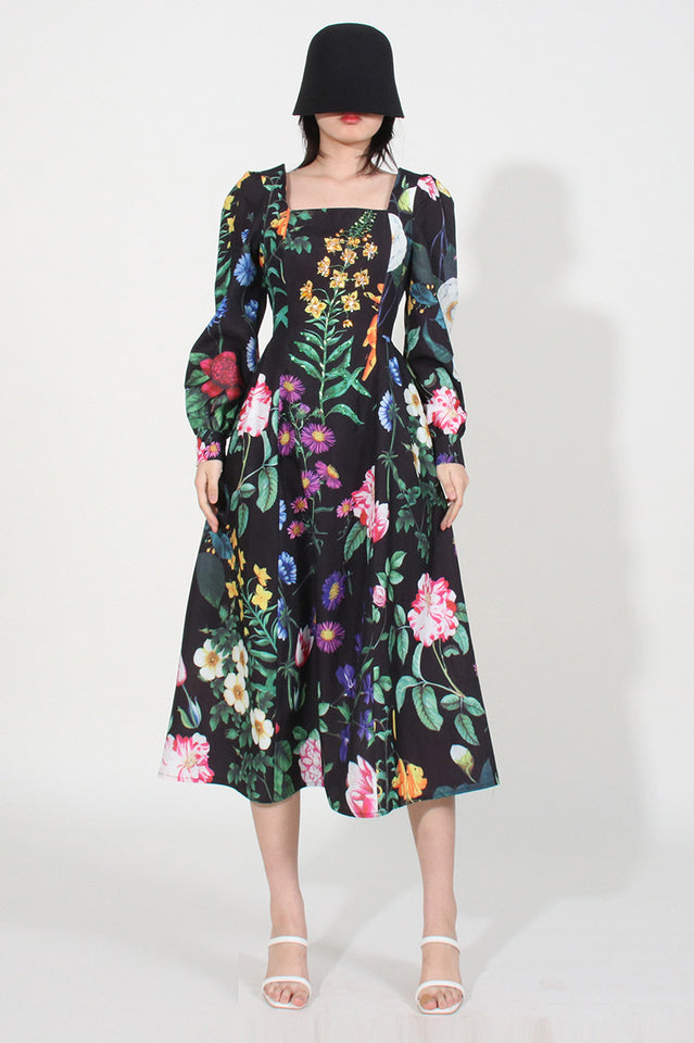 Printed Long Sleeve Cotton-Blend Midi Dress | Dress In Beauty