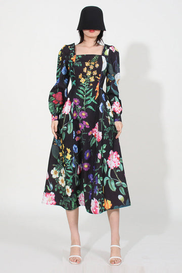 Printed Long Sleeve Cotton-Blend Midi Dress | Dress In Beauty