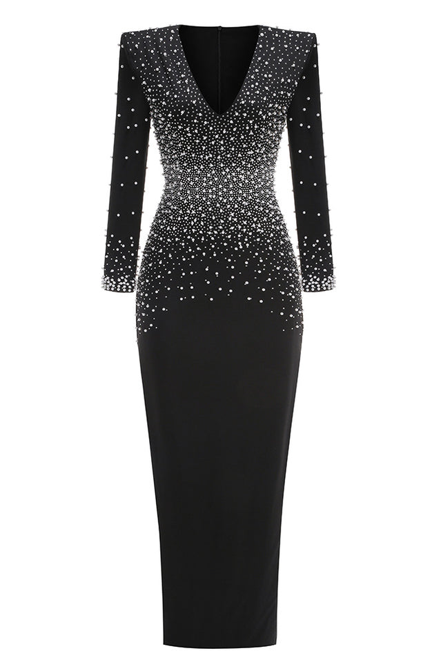 V-Neck Pearl Embellished Gown | Dress In Beauty