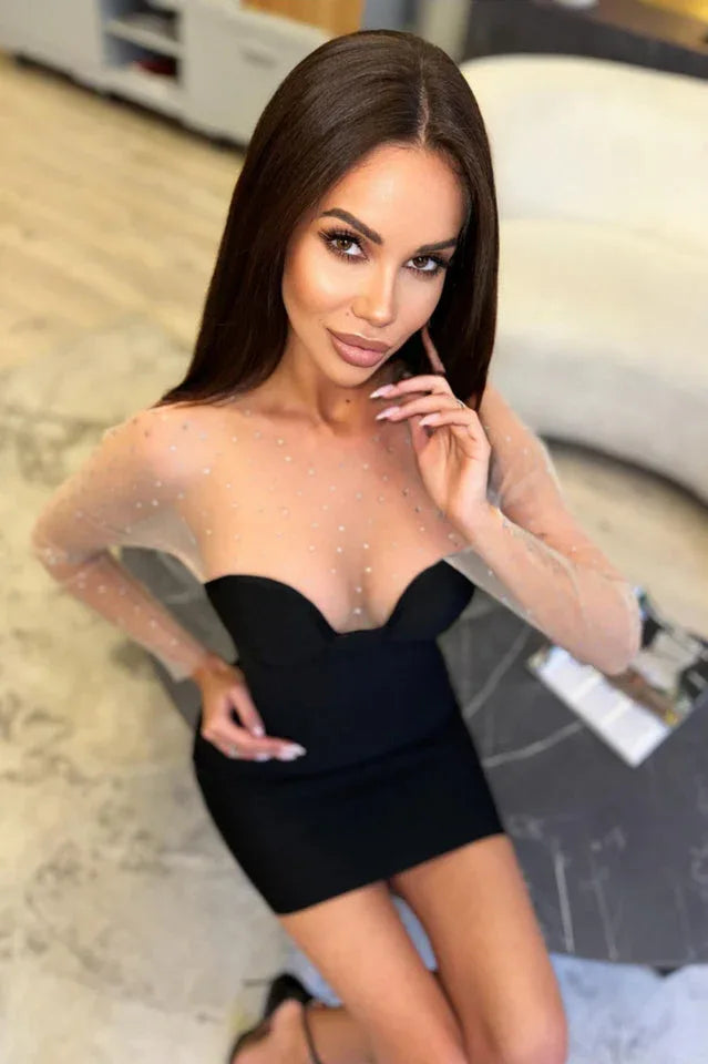 Black crystal embellished mini dress - View 6 | WEUXS