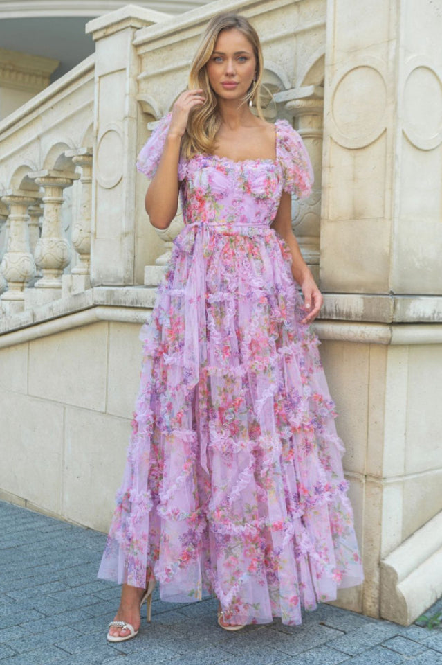 Floral Tulle Puff Sleeve Bow Tie Maxi Dress | Dress In Beauty