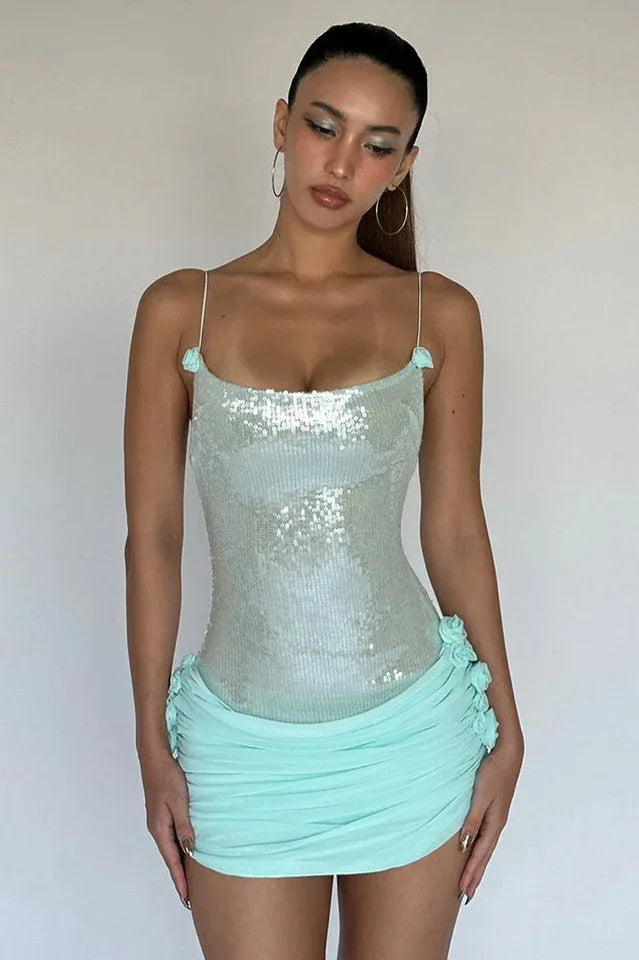 Sequin Floral Draped Corset Dress - WEUXS
