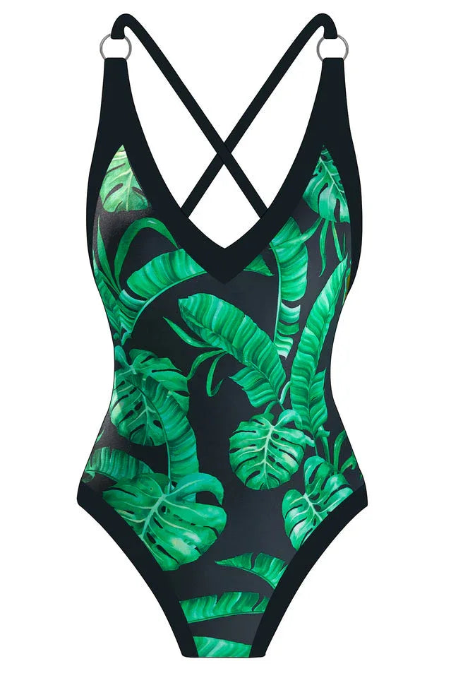 V-neck one piece swimsuit with crisscross back and floral print - View 8 | WEUXS