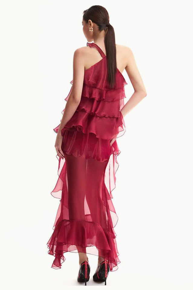 Bedelia Floral Halter Chiffon Ruffle Midi Dress | Dress In Beauty