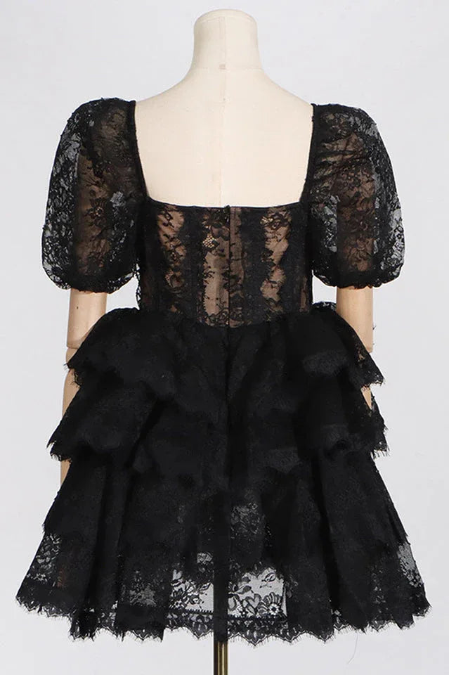 Puff sleeve mini dress with tiered skirt - View 7 | WEUXS