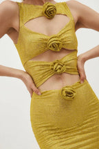 Back view of a gold metallic knit mini dress with a center back zipper