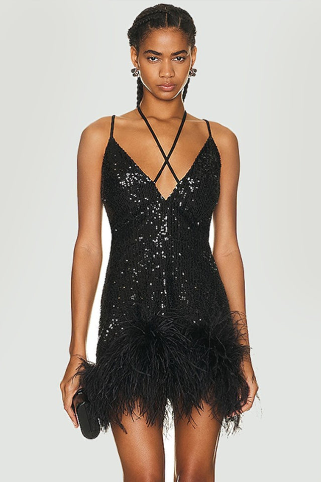 Mini Sequin Dress With Feather Trim | Dress In Beauty