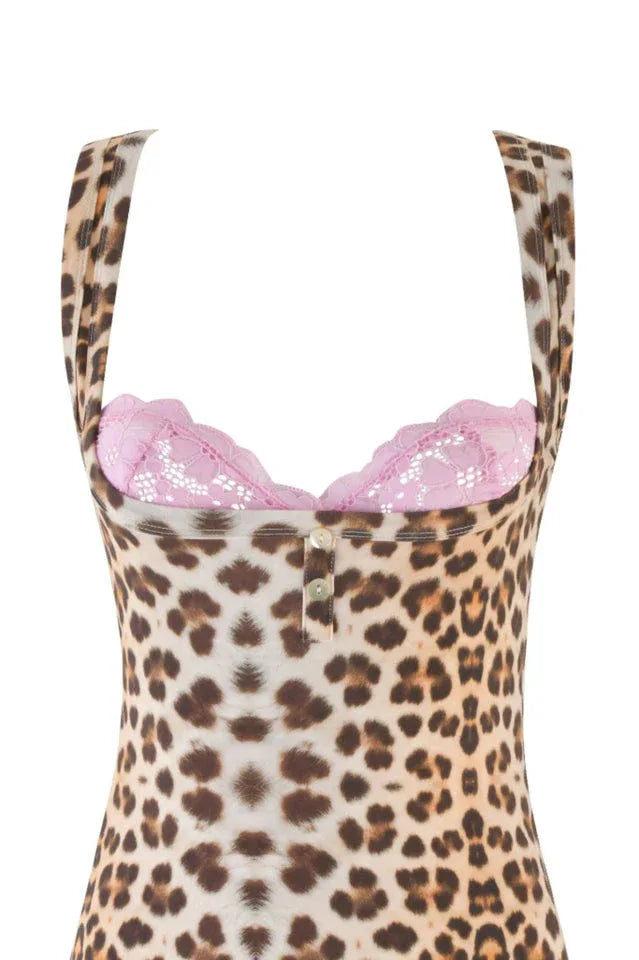Fitted mini dress with leopard print and lace trim - View 8 | WEUXS