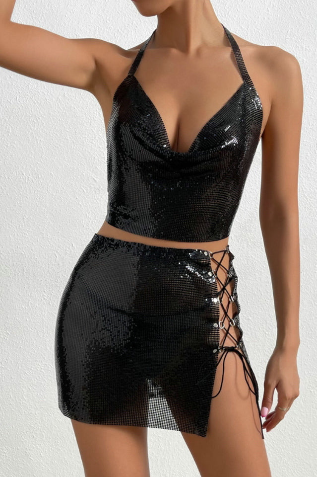 Sequin Tie Back Crop Top + Skirt Set | Dress In Beauty
