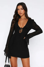 Mesh mini dress with bell sleeves and tie front - View 9 | WEUXS