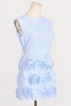 Blue appliqued floral A-line mini dress with high neckline and cap sleeves - View 9 | WEUXS