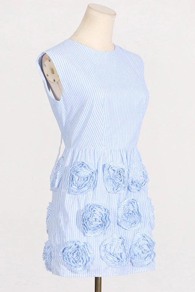Blue appliqued floral A-line mini dress with high neckline and cap sleeves - View 9 | WEUXS