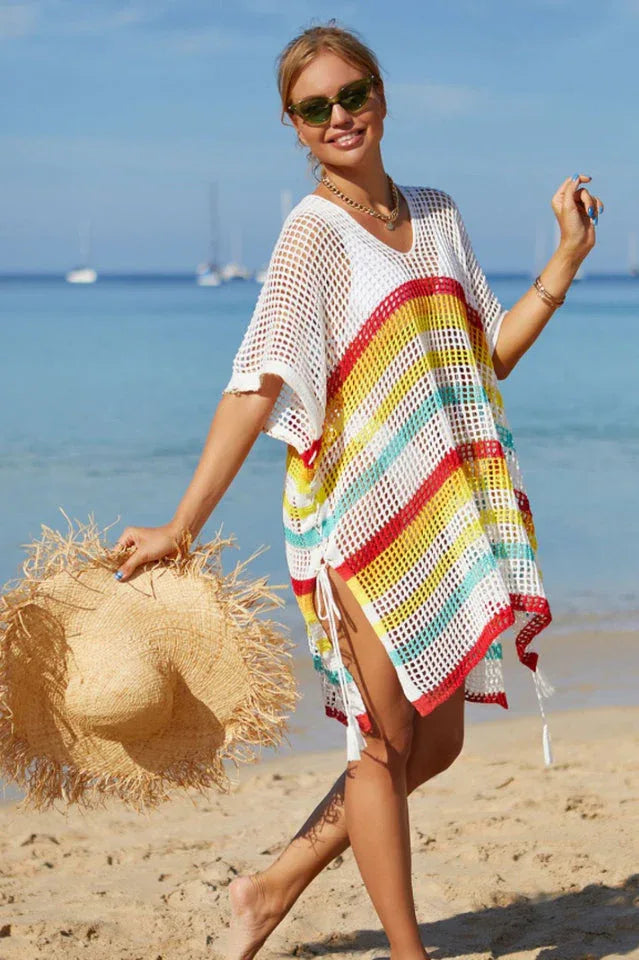 Rainbow Stripe Openwork Slit Cover Up - View 13 | WEUXS