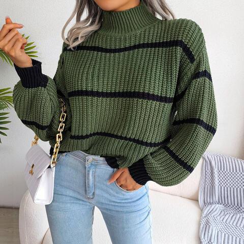 Striped mock neck lantern sleeve sweater - View 7 | WEUXS