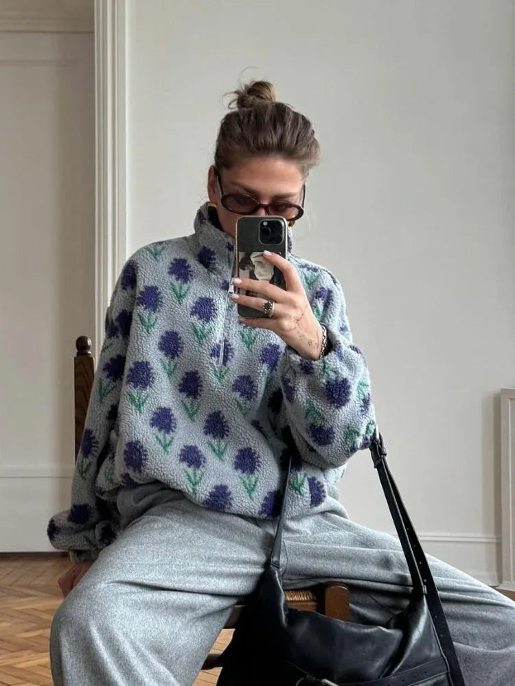 Vintage Floral Sherpa Half-Zip Pullover - WEUXS