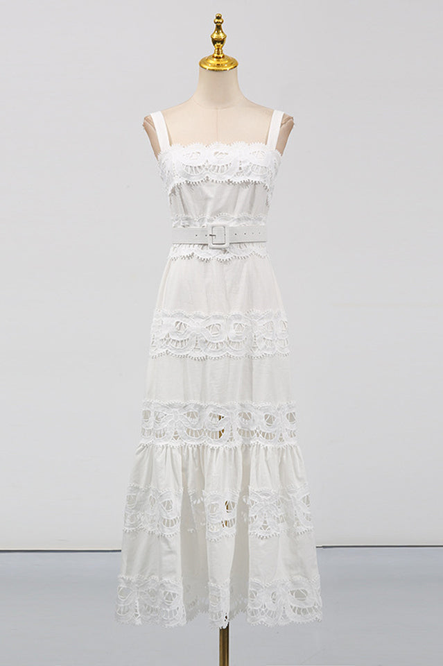 White Linen Lace Insert Midi Dress | Dress In Beauty