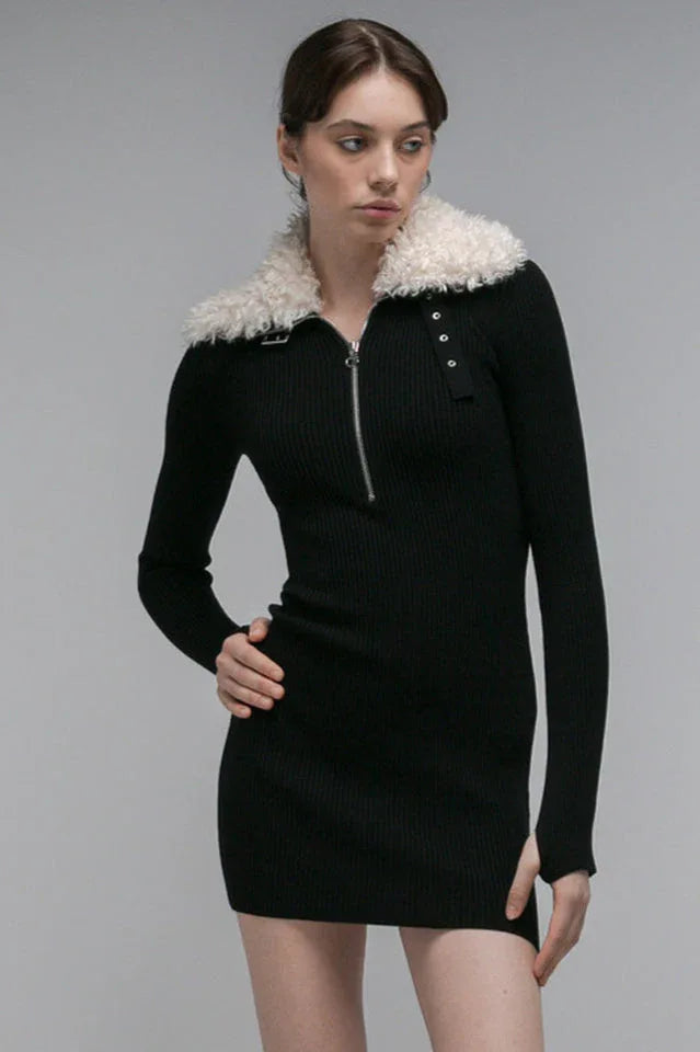 Model wearing a black long sleeve ribbed knit mini dress with a white faux fur collar and a silver zipper front. Main image