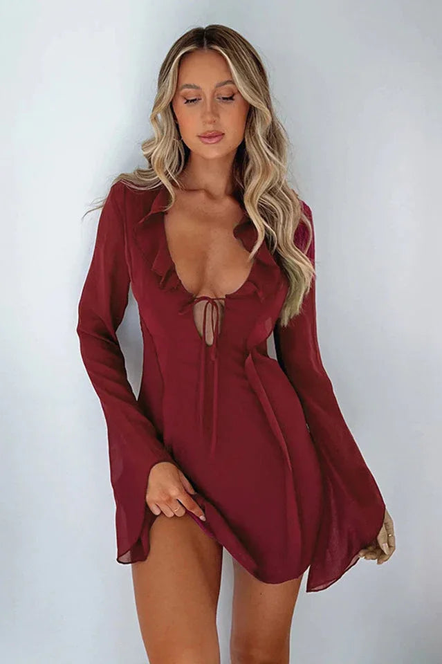Mesh mini dress with bell sleeves and tie front - View 12 | WEUXS