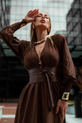 Rosey Tan Maxi Dress With Waist Belt | Dress In Beauty