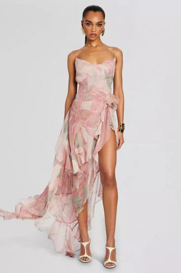 Printed Ruffle Asymmetric Maxi Dress | Dress In Beauty