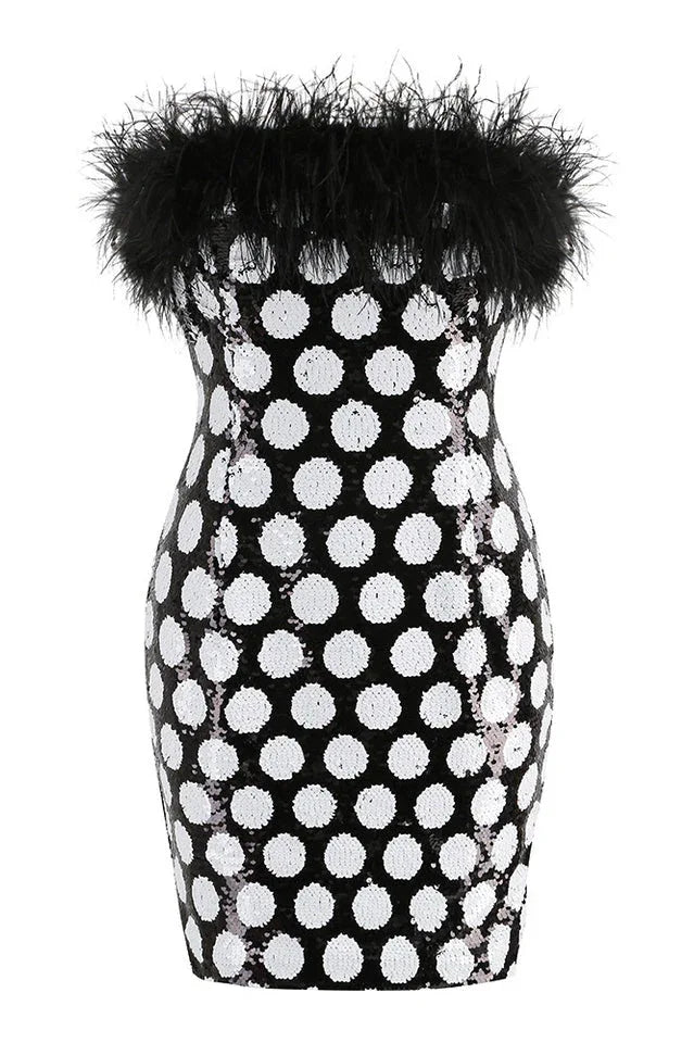 Feather Trim Polka Dot Sequin Dress - WEUXS