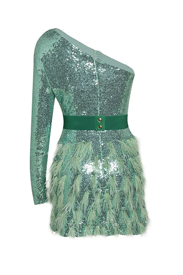 Daria One Shoulder Sequin Feather Dress - View 12 | WEUXS