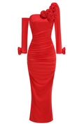 Slanted Shoulder Ruched Rose Flowers Dress | Dress In Beauty