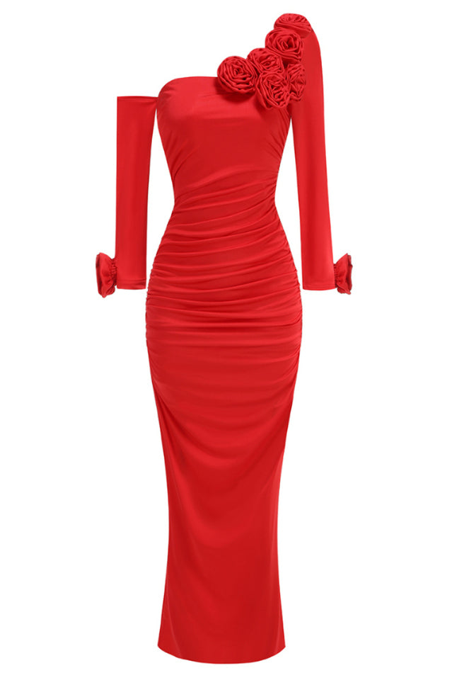 Slanted Shoulder Ruched Rose Flowers Dress | Dress In Beauty