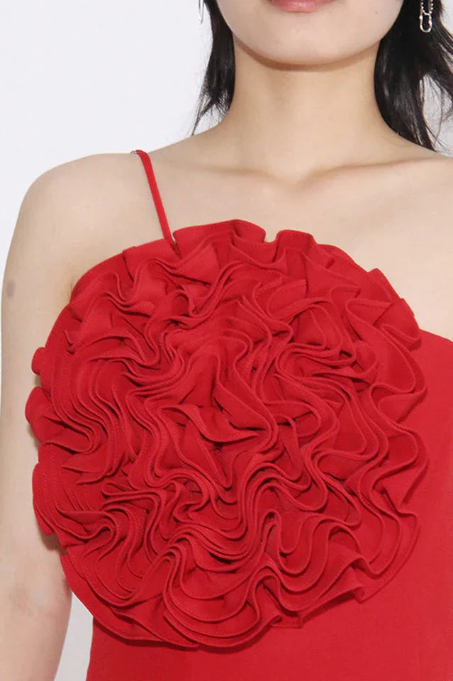 Floral Appliqué One-Shoulder Crepe Dress - View 6 | WEUXS