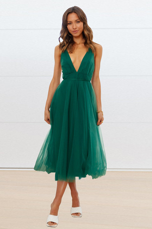 Plunging Neck Backless Mesh Midi Dress | Dress In Beauty