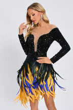 Close-up of a woman in a black sequined dress with a sheer V-neckline and a vibrant feather fringe hem.