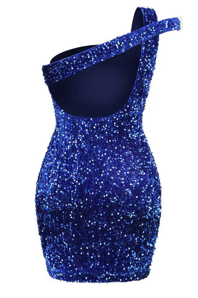 Back view of a blue sequined one-shoulder mini dress.