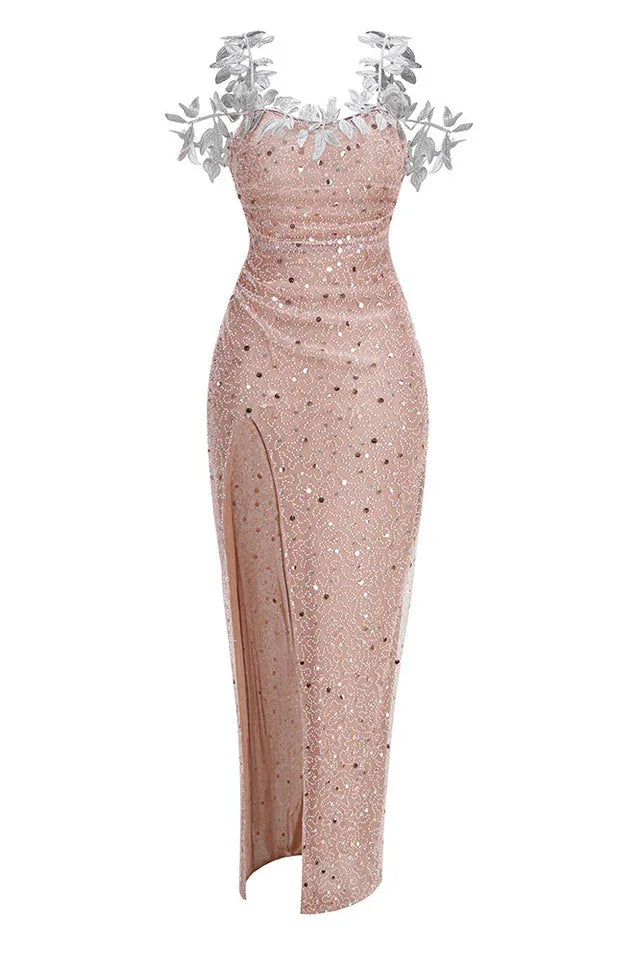 Slip Leaf Beaded Sequin Embellished Gown - WEUXS