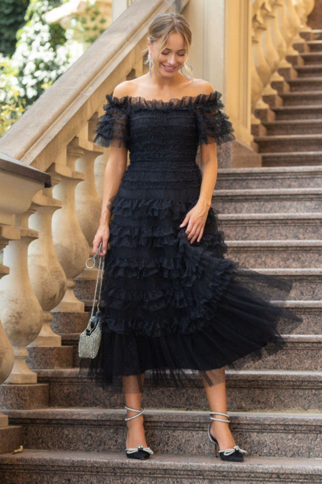 Off Shoulder Dotted Tulle Maxi Dress | Dress In Beauty