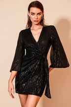 Surplice neck sequin wrap dress - View 16 | WEUXS