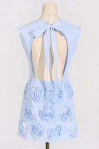 Blue appliqued floral A-line mini dress with high neckline and cap sleeves - View 10 | WEUXS