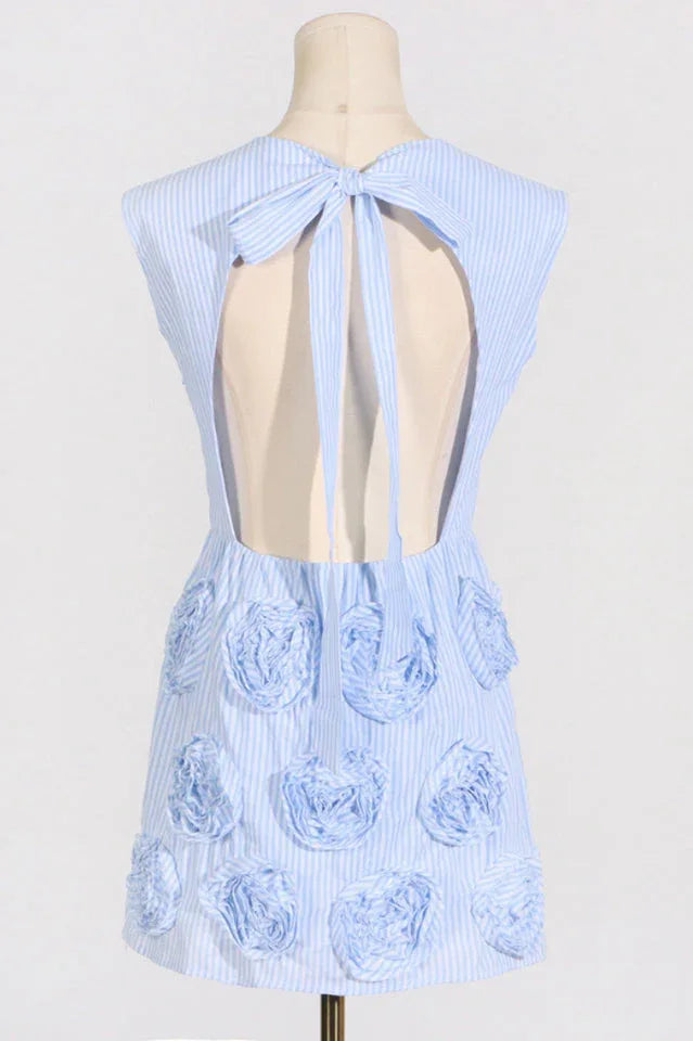 Blue appliqued floral A-line mini dress with high neckline and cap sleeves - View 10 | WEUXS