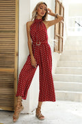 Polka Dots Print Funnel Neck Belted Jumpsuit | Dress In Beauty