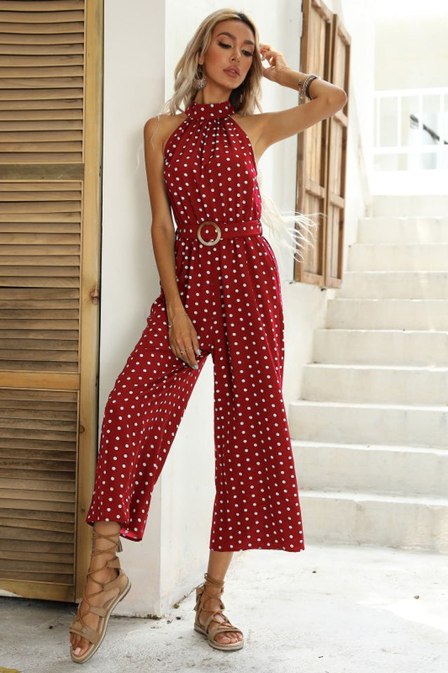 Polka Dots Print Funnel Neck Belted Jumpsuit | Dress In Beauty