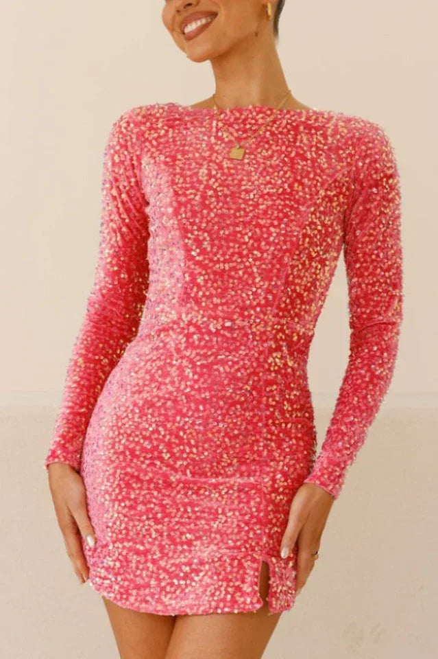 Sequin mini dress with long sleeves - View 6 | WEUXS