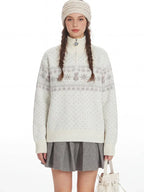 Close-up of the heart-shaped zipper pull on a Fair Isle knit sweater.