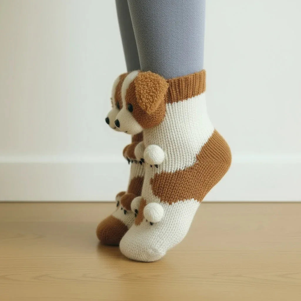 Side view of white and brown knitted dog-themed socks with 3D paw details