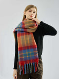 Close-up of a woman wearing a plaid scarf
